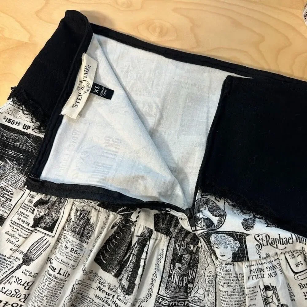 VTG Lip Service Step in Time Goth Steampunk Newsprint Mini Skirt XL Old News
